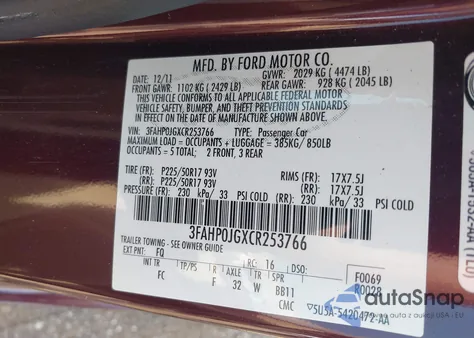 2012 Ford Fusion Sel из США, поврежденный, VIN 3FAHP0JGXCR253766